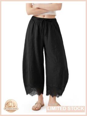 Lace Trim Wide Leg Cropped Pants with Pockets
